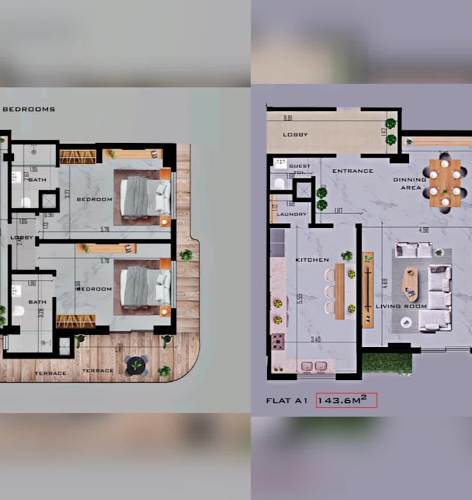 create 2d colored floor plan in high quality