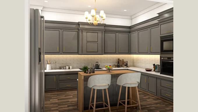 design a modern 3d kitchen interior with realistic rendering and layout plan