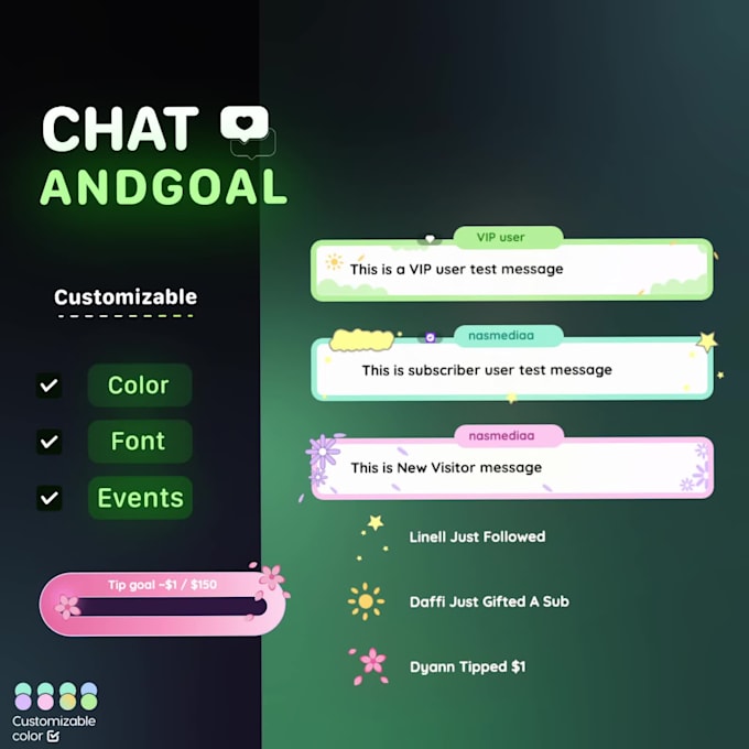 design and code custom stream chat, event widget, alerts, goal widget