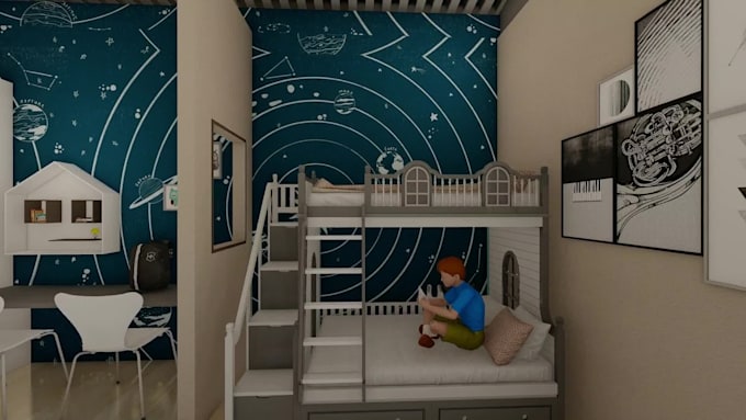 3d design children bedroom and rendering