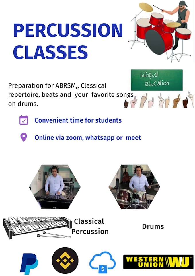 Offer online bilingual drums and percussion lesson by Kmosqueda90 Fiverr