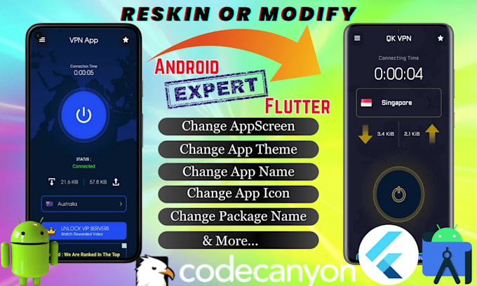 reskin, rebrand, customize your android app or flutter app