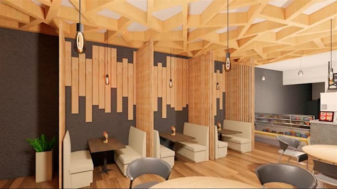 create 3d exterior or interior cafe, restaurant and store