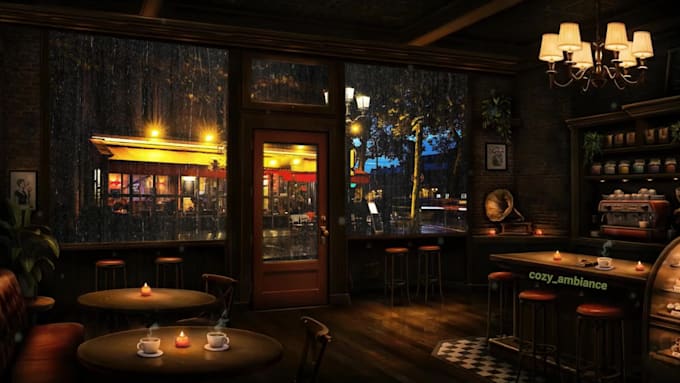 create cozy coffee shop ambience rain video with relaxing jazz music