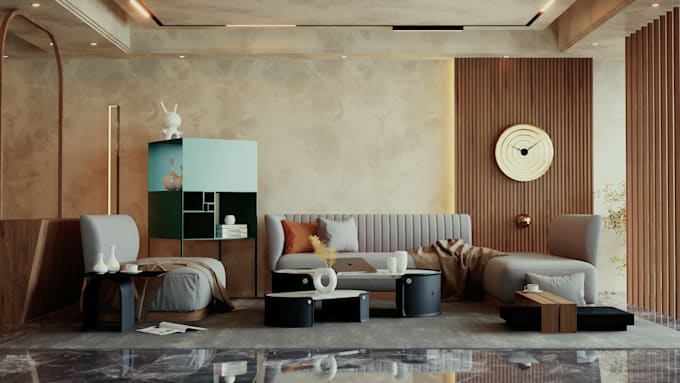 do minimal interior design for bedroom, living, kitchen and toilet