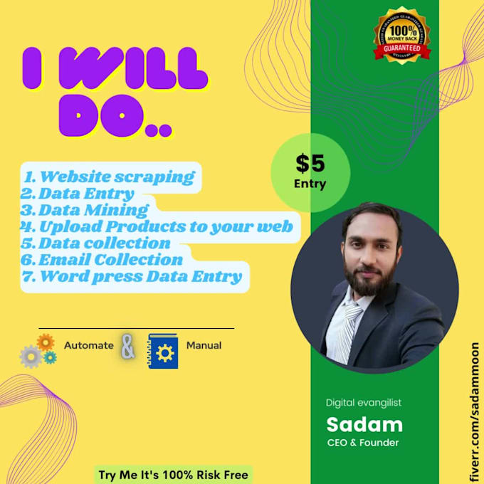 do web scraping, data entry, web research and email collection