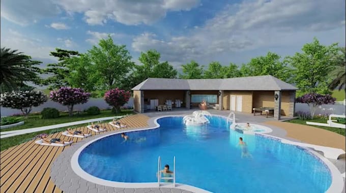 design your landscape, garden, backyard, pool, patio 3d rendering view