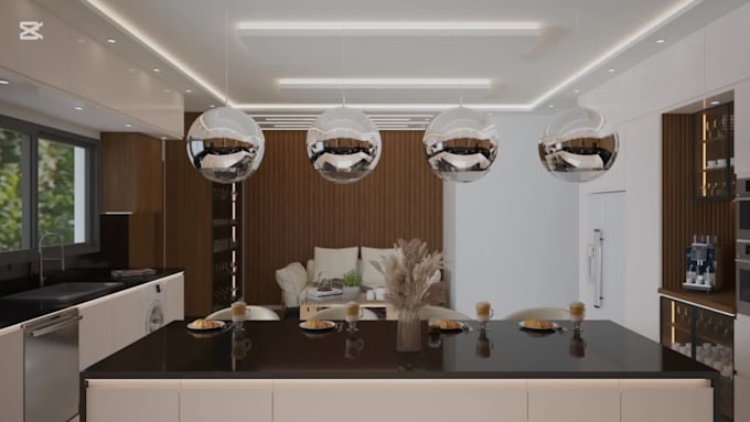 design modern kitchen, cabinets, pantry, and bathroom with 3d rendering