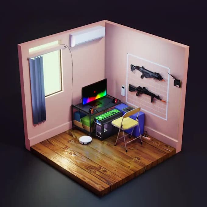 create 3d isometric room design and animation