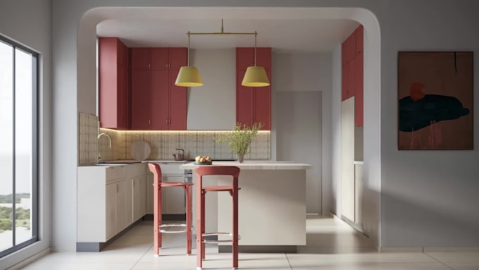 do interior design for kitchen, bathroom, bedroom, living room, 3d rendering