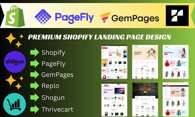 build landing page on thrivecart, shopify using pagefly, gempages, shogun, replo