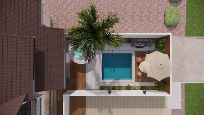 design swimming pool, backyard, patio, garden, realistic 3d design
