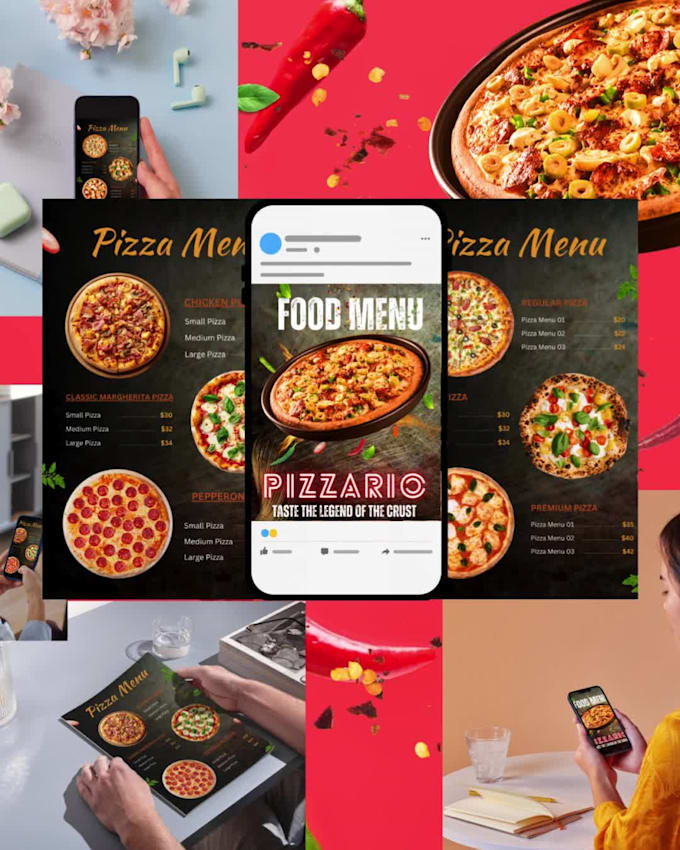 make creative food and pizza menu designs in high quality using canva pro
