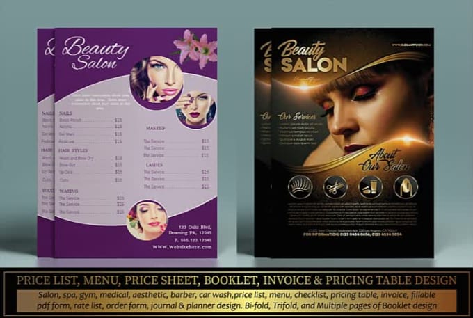 design salon, spa, gym, price menu or price list