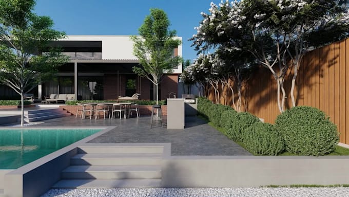 do landscape design, garden design, backyard, swimming pool, and render