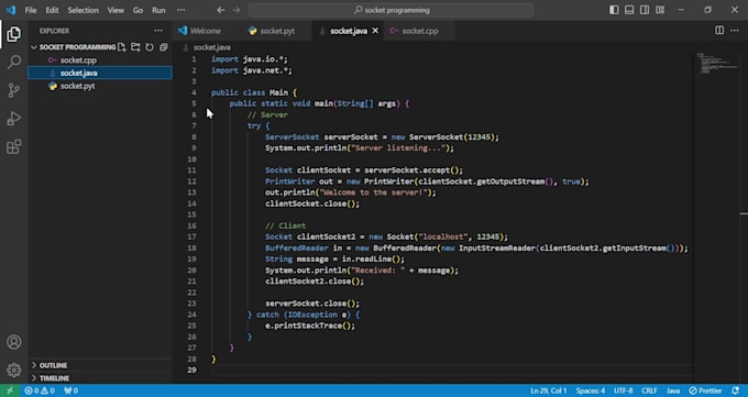 do socket programming and network programming task in python c cpp java