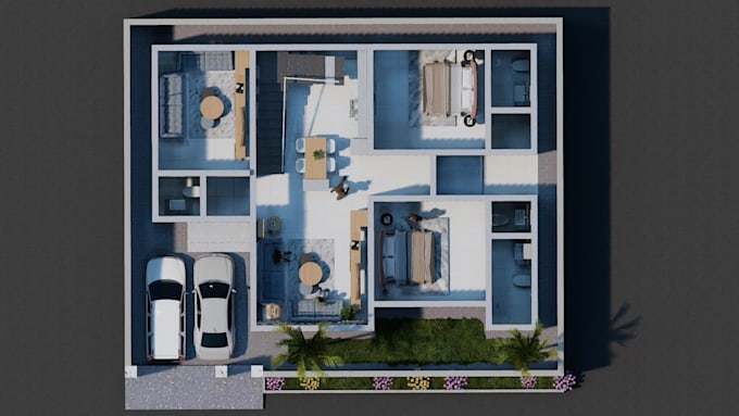 covert 2d floor plan into 3d floor plan with renders and walkthrough