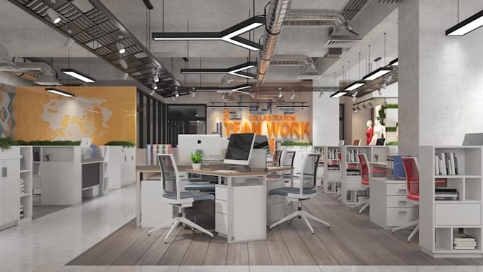 design and rendering modern office interior reception workstation