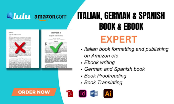 format, proofread italian book, german book spanish book for amazon KDP etc
