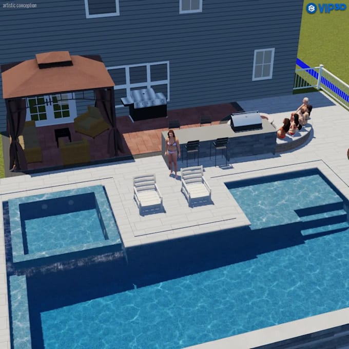 provide 3d modelling and rendering landscape pool design