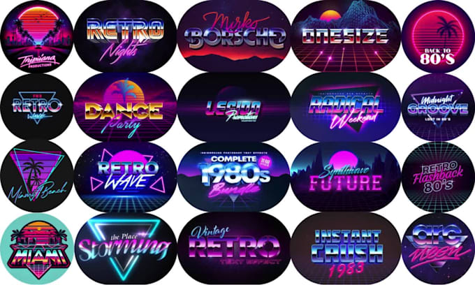 design 70s, 80s futuristic synthwave retro logo, typography with chrome effects