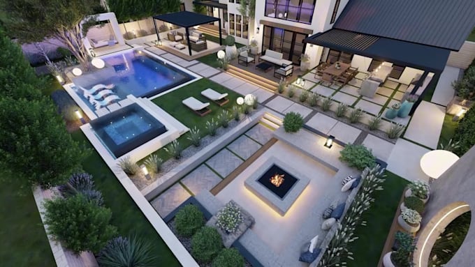 design front garden, backyard, swimming pool, villa landscape