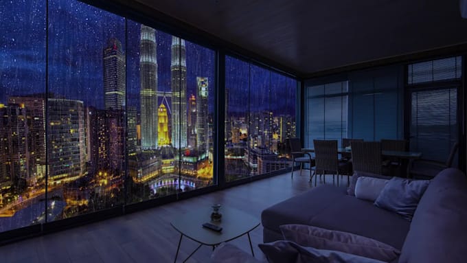 create luxury apartment realistic rain video