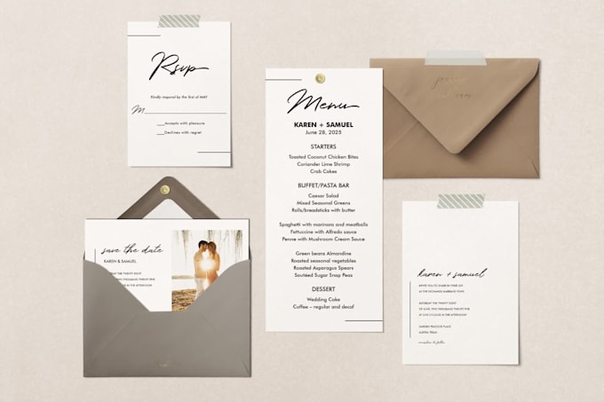 create wedding invitation, save the date, rsvp card, thank you, menu, gift tag