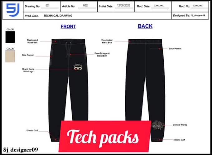 create professional flat sketch and tech pack