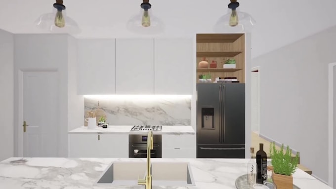 do kitchen interior design and modern bathroom in 3d realistic model