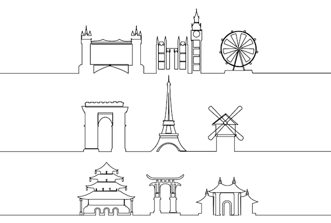 draw unique one line art building and favorite place