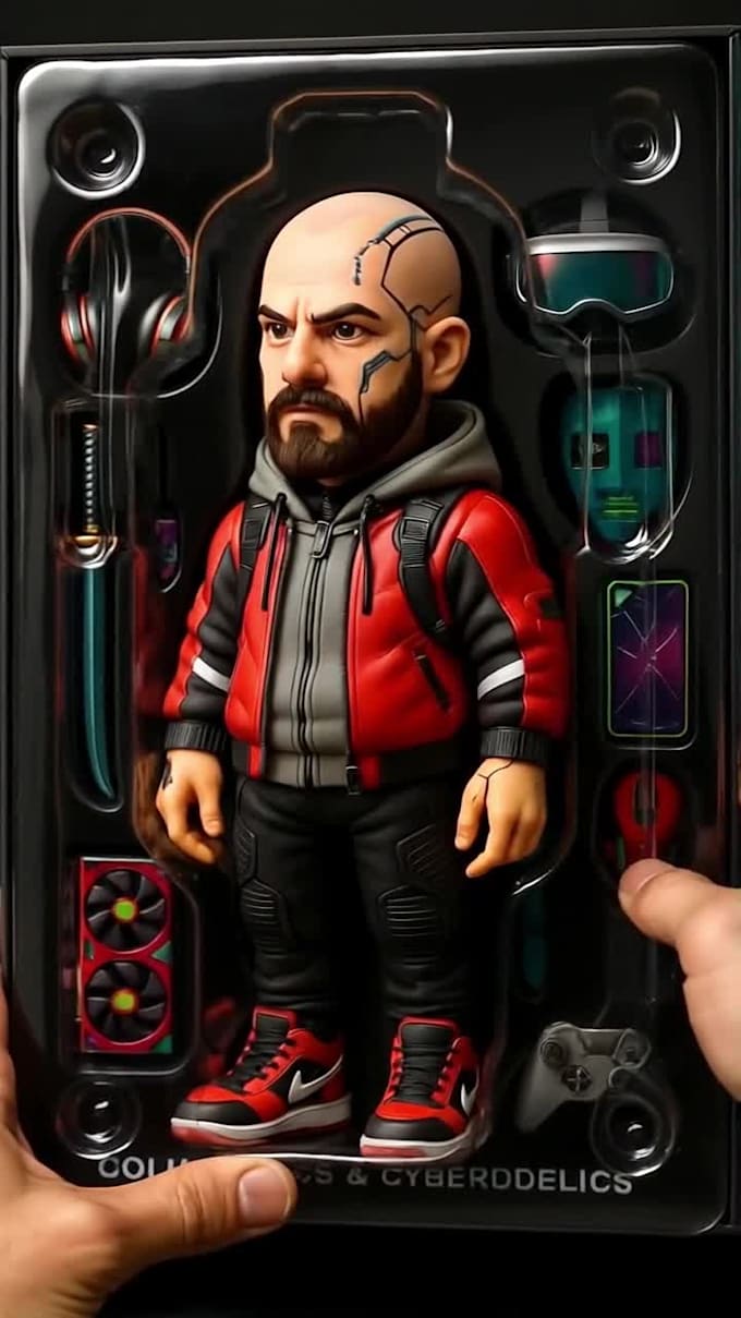 create a digital image of a custom action figure with expert retouching