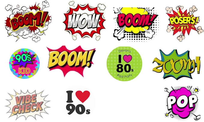 custom pop art, vintage, retro, 80s, 90s, and comic text