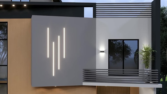 design and 3d render of house elevation and boundary wall