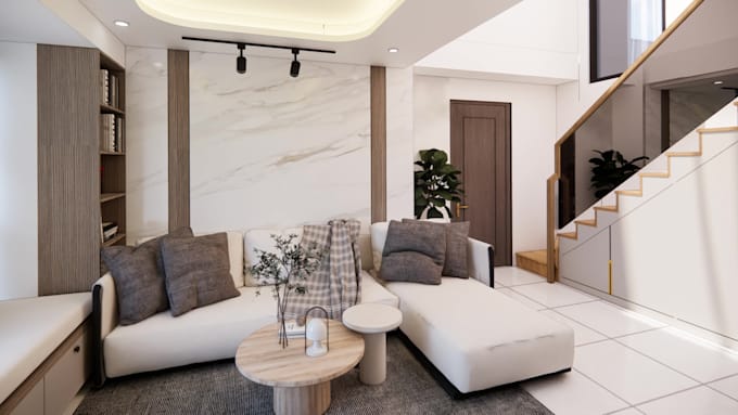make design and renders of living room, kitchen, bedroom, bathroom, apartments