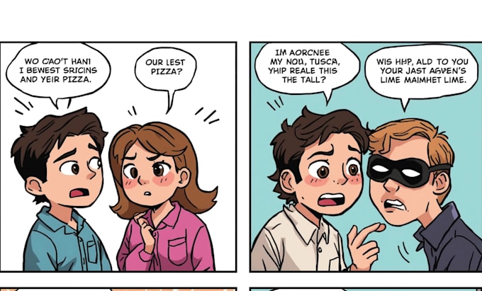 create short 3,5 panel comics, funny, and designed to go viral on social media