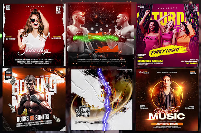 do party, club, hip hop, concert, boxing, motion event flyer
