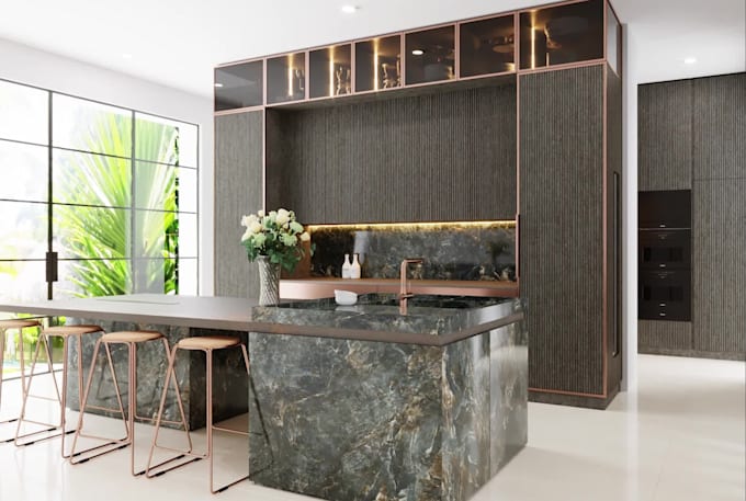 model 3d visualize kitchen bathroom and bar interior design