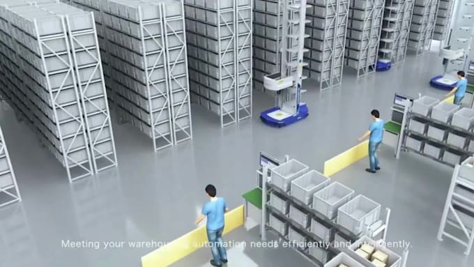 create 3d industrial warehouse automation and robotic picking system animation