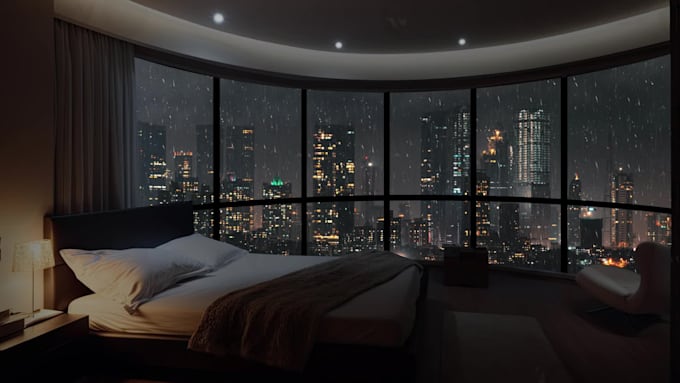 create luxury apartment in a rainy night city with rain sound