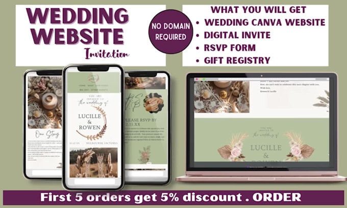 make a wedding website with rsvp form , gift registry