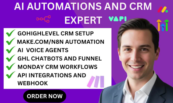 do make com automation gohighlevel crm custom agent vapi ai chatbot n8n monday