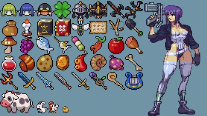 draw 2d game character, game assets, 2d props, icons, game environment
