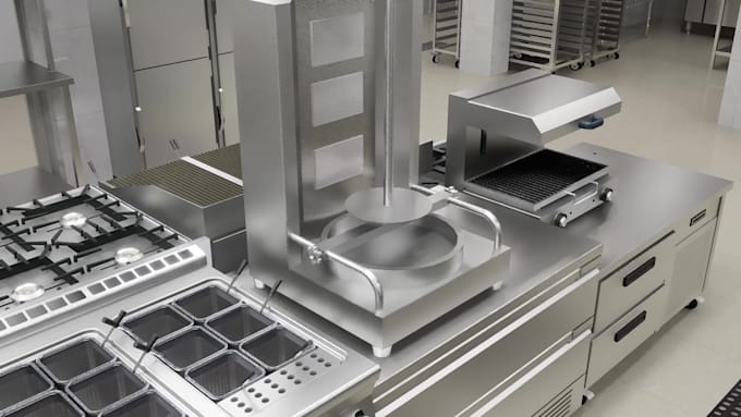 design a professional commercial kitchen layout with 3d