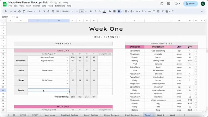 send you a customizable google sheets meal planner template