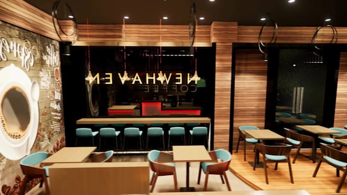 render 3d interior, interior design, cafe, café bar, restaurant