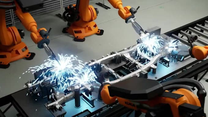 create 3d industrial animation, 3d robot animation, 3d industrial robotic