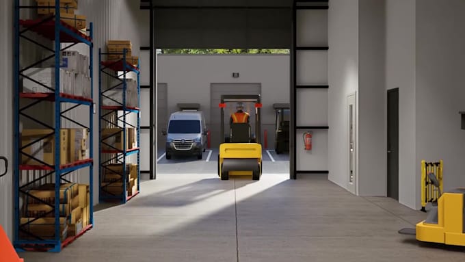 create 3d warehouse animation, industrial logistics cgi video rendering