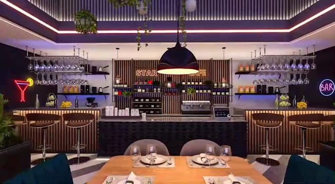 remodel 3d modern restaurant interior, cafe design,bar render, walkthrough video