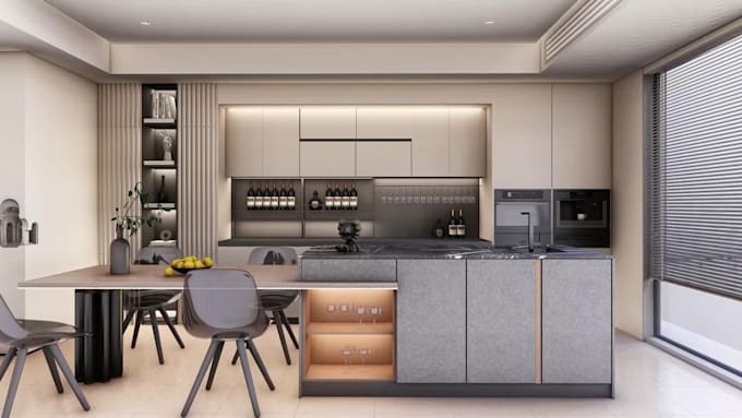 create personalized kitchen design with photorealistic 3d rendering, layout plan